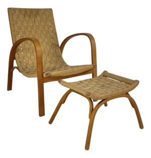 Mid-Century Italian Wood and Chord Lounge Chair with Ottoman, Set of 4