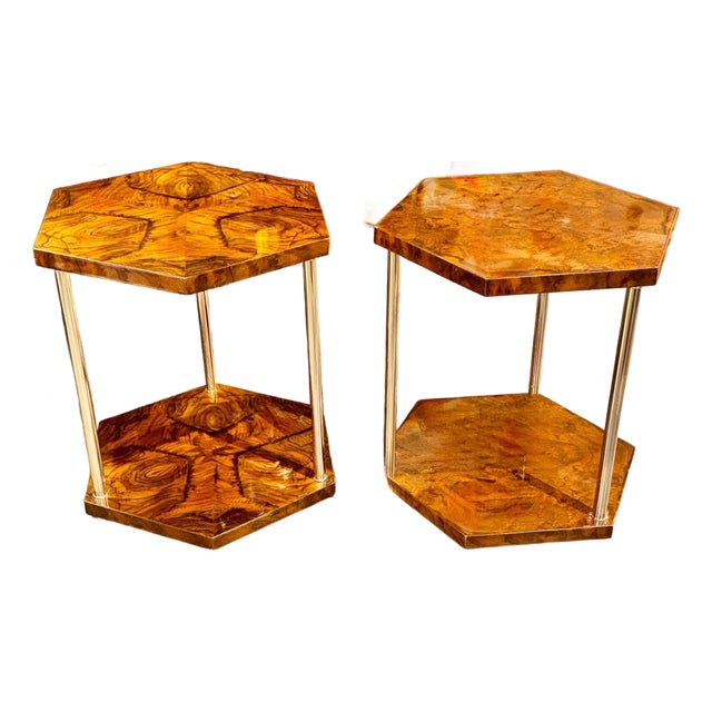 Italian Art Deco Style Walnut and Chrome Hex Side Tables For Sale