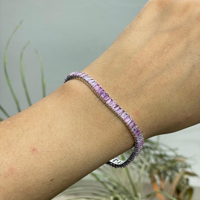 Baguette Cut 10.47 Ct Pink Sapphire Linear Tennis Bracelet for Valentine in Silver, 7 Inch For Sale - Image 6 of 14