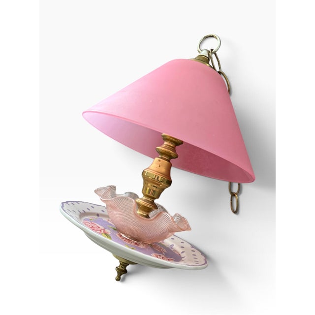 Late 20th Century Vintage Hanging Bird Feeder | Pink Shade, Ruffled Glass & Floral Plate For Sale - Image 5 of 5