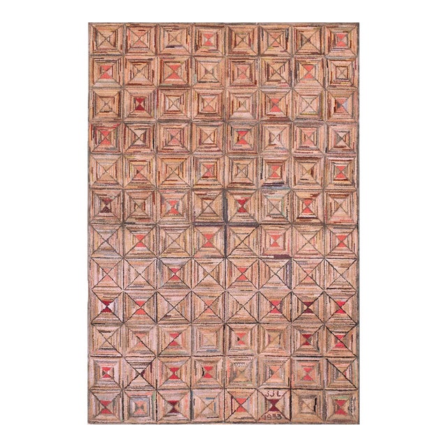 1920s Multicolor Geometric Folk Art Antique American Hooked Rug 5'6" X 8' Handknotted Wool Carpet For Sale