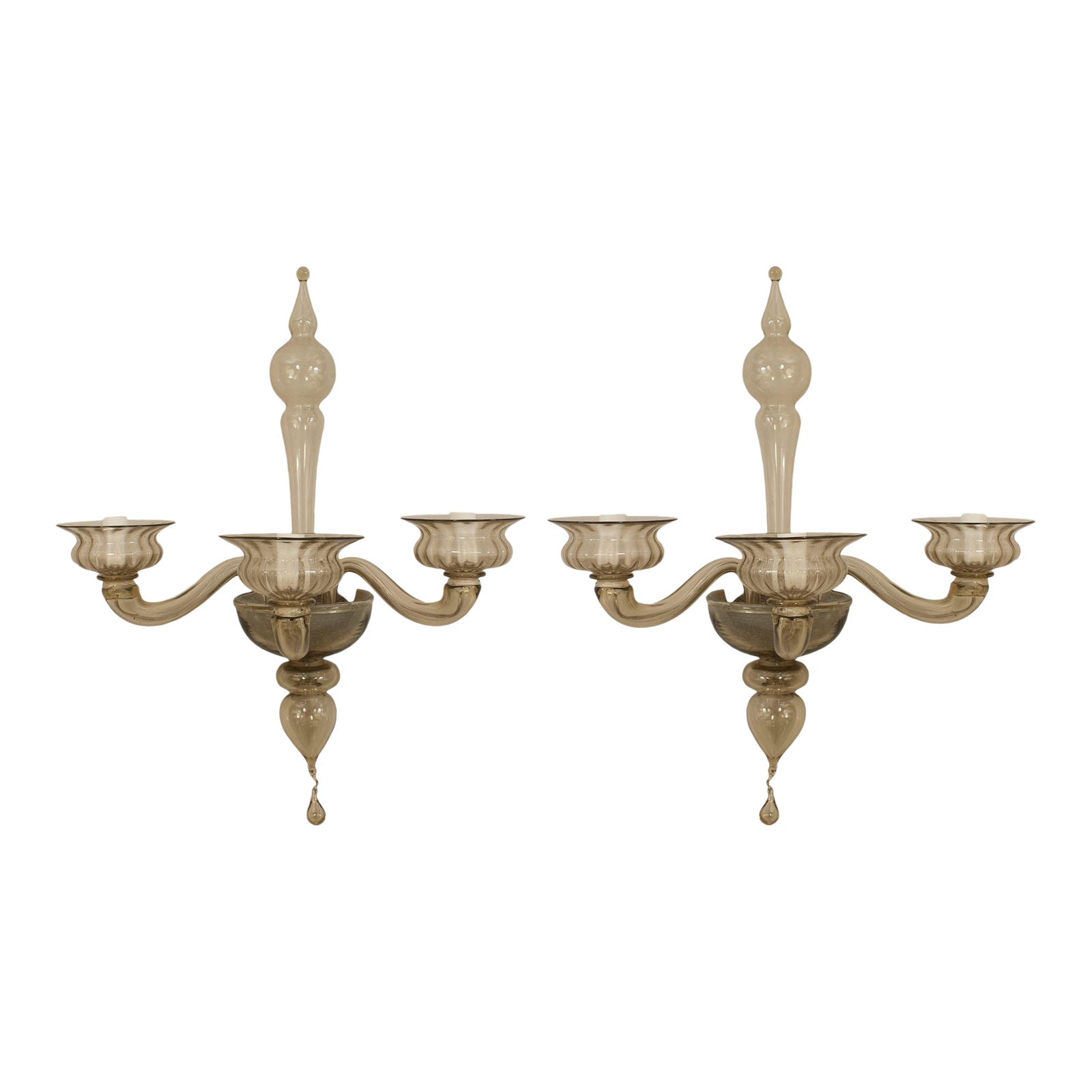 Italian 1940s Venetian Amber Glass Three Fluted Scroll Arm Wall