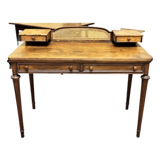 Walnut Writing Desk With Drawers and Wicker Accents With Complimentary Matching Wooden Wicker Chair For Sale