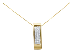 14K Yellow Gold 1/2 Cttw Invisible Set Princess Cut Diamond Vertical Bar Block Pendant 18" Necklace