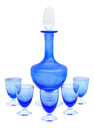 Vintage Blue Decanter & Glasses, S/6