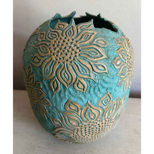 Ceramic Vintage Large Blue Studio Pottery Vase With Sunflower Relief Pattern For Sale - Image 7 of 10