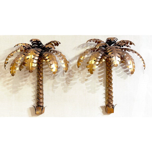 Pair of Maison Jansen Gilt Metal Palm Tree Sconces, France, 20th C A dramatic and highly decorative pair of Maison Jansen...