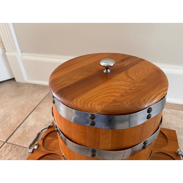 Mid-Century Modern Vintage Towle Silversmiths Wooden Ice Bucket/ Wine Chiller Barrel and Tray For Sale - Image 3 of 12