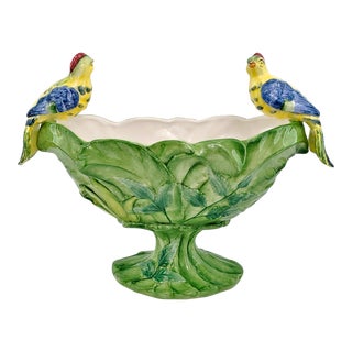 Extra-Large Vintage Italian Majolica Centerpiece Compote Vase or Bowl With Pair Parrots - Italian Hand Painting - Signed on Bottom Made in Italy For Sale