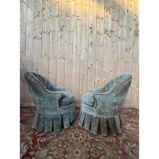 Wood Napoleon III Toadstool Lounge Chairs in Blue-Grey Velvet, Set of 2 For Sale - Image 7 of 8
