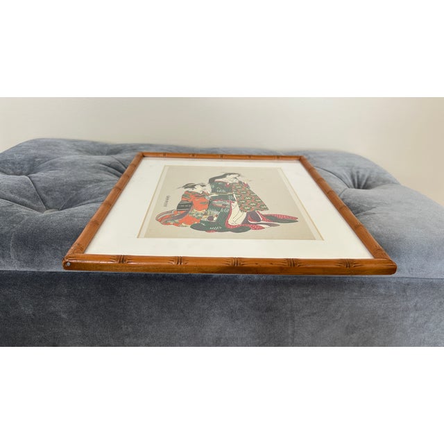 Wood Vintage Japanese Ukiyo-E Print After Kitao Masanobu – Uta Yomu Onna – Bamboo-Style Frame For Sale - Image 7 of 9