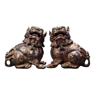 Late 19th Century Pair of Gilt Bronze Guardian Lion Censers, 4200g Total, Foo Dog Incense Burners For Sale
