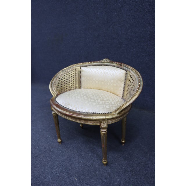 French French Louis XVI Style Gilt Caned Barrel Accent Chair For Sale - Image 3 of 11