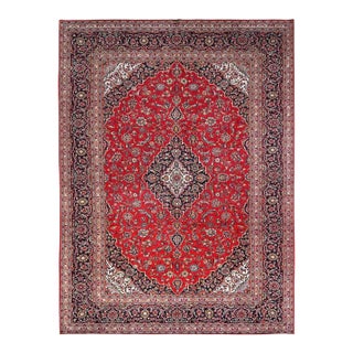 1960 9'10"x13'1" Ketchup Red Hand Knotted Wool Vintage Kishoon Full Pile Oriental Rug For Sale