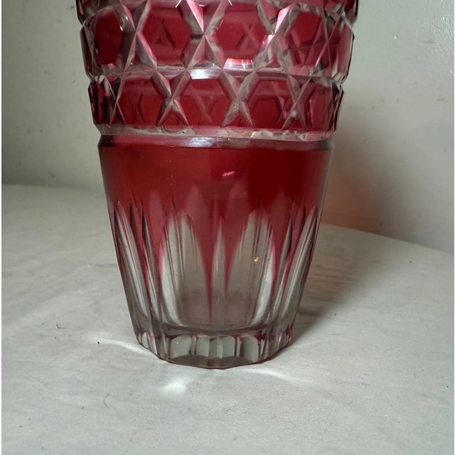 Glass Vintage Handmade Red Cranberry Czech Cut to Clear Crystal Glass Ornate Vase For Sale - Image 7 of 8