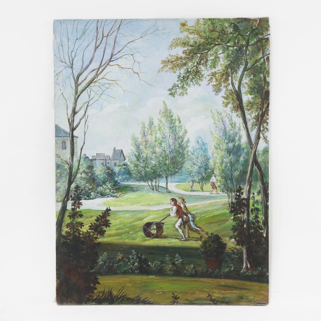 Vintage Landscape Painting of Garden Lawn Scene With Figures For Sale - Image 10 of 10