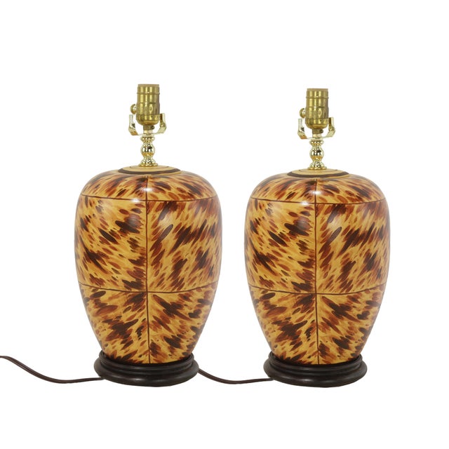 These Are a Pair of Early 21st-Century Hand-Painted Tortoiseshell-Patterned Art Ceramic Table Lamps. For Sale - Image 9 of 9