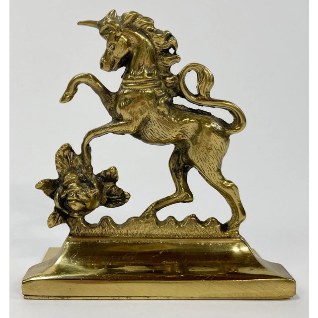 Mid 20th Century Vintage Victorian Brass English Rose, Lion and Unicorn Bookends For Sale - Image 5 of 5