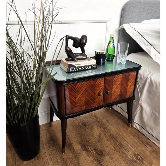 Mid-Century Art Deco Italian Nightstands with Walnut Glass Top, 1950s, Set of 2 For Sale - Image 3 of 11