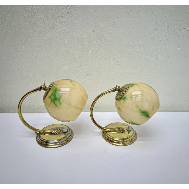 Gold Art Deco Brass Table Lamps with Clouded Opal Shades, 1930s, Set of 2 For Sale - Image 8 of 14