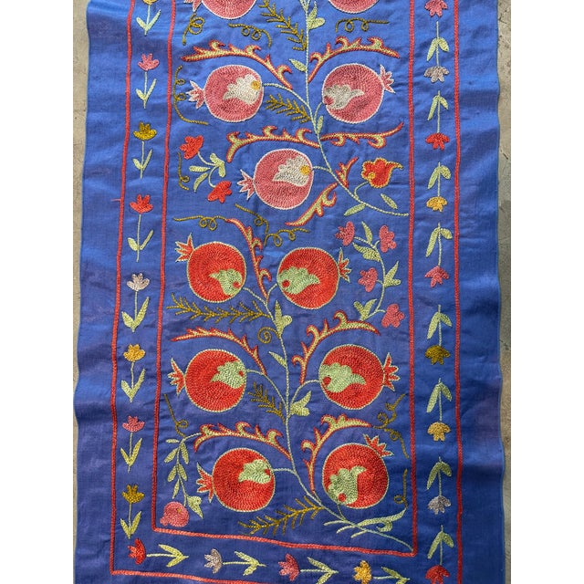 Blue Silk Suzani Table Runner With Pomegranate Vine For Sale In New York - Image 6 of 10