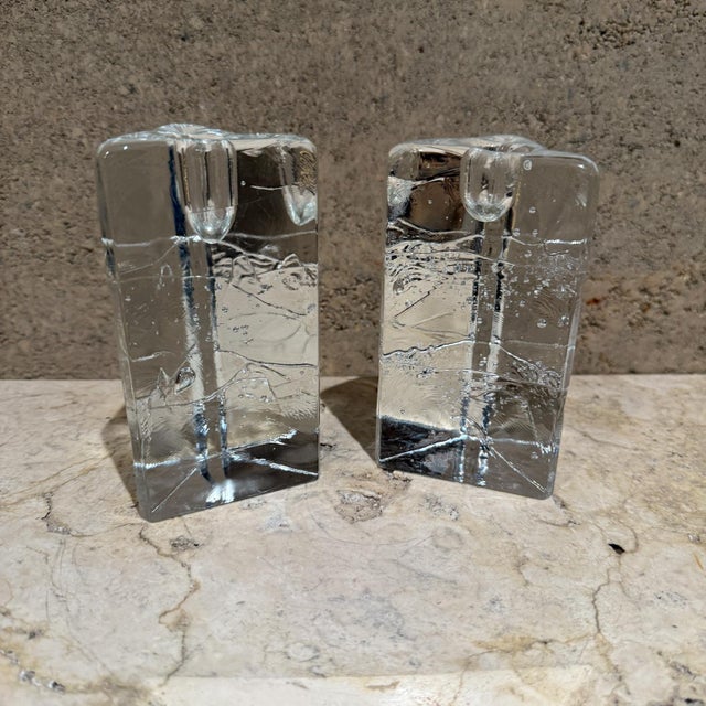AMBIANIC presents 1970s Arkipelago glass candle holders Timo Sarpaneva Iittala Finland. Triangular cast glass candle...