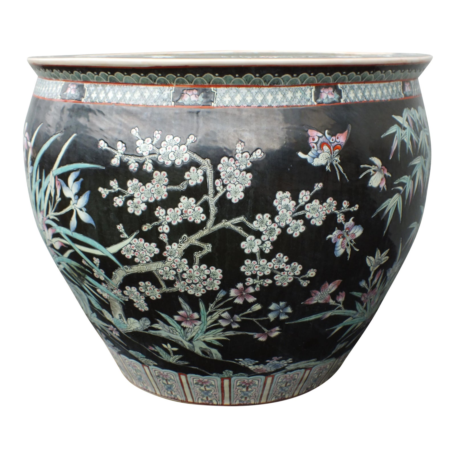 Qianlong Chinese Famille Noir Fish Bowl Planter | Chairish