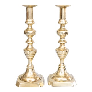 19th Century English Brass Beehive Push-Up Candlesticks - a Pair For Sale