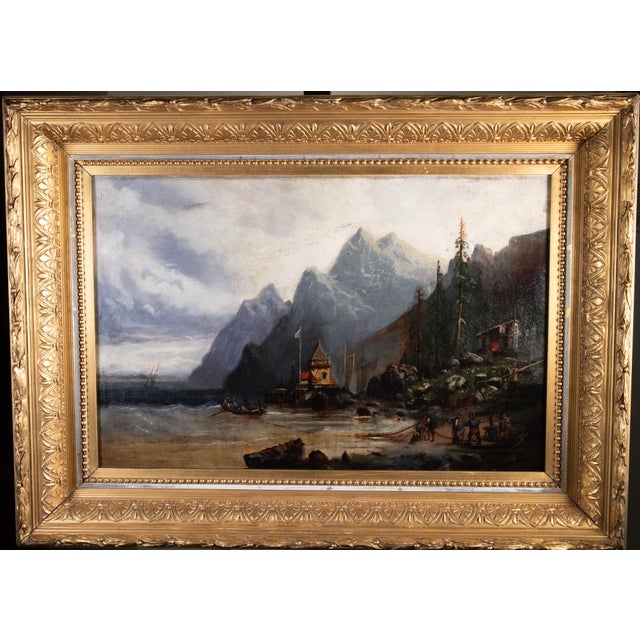 19th Century Norway Coastal Landscape Oil Painting in 1883 Gold Leaf Frame 19" x 26" About the Painting A beautifully...