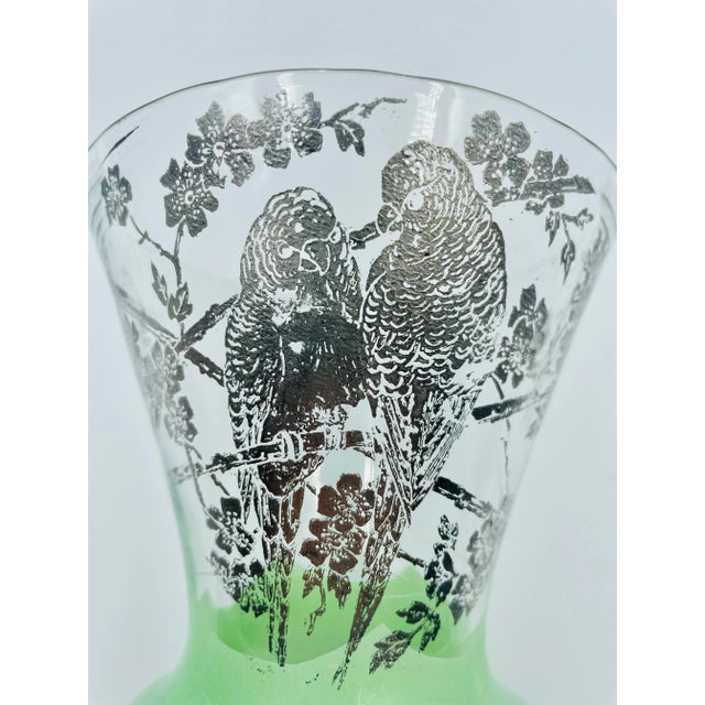 Glass Mid 20th Century Parrot Motif Silver Overlay and Mint Colored Vase For Sale - Image 7 of 12
