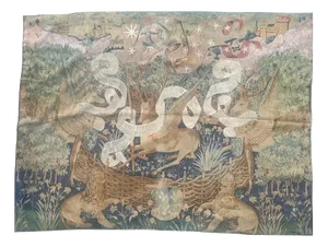 French Aubusson Style Screen-Printed by Hand Tapestry winged Stags, 1950s