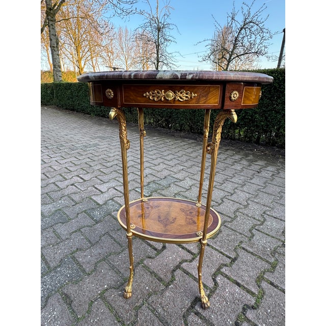 1980s 1980 French Louis XVI Gold Mahogany Marble Side Tables 2pc For Sale - Image 5 of 17