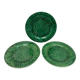 Gorgeous Set of 3 Green Antique Majolica Salad / Dessert Plates With Grape Leaves From England For Sale