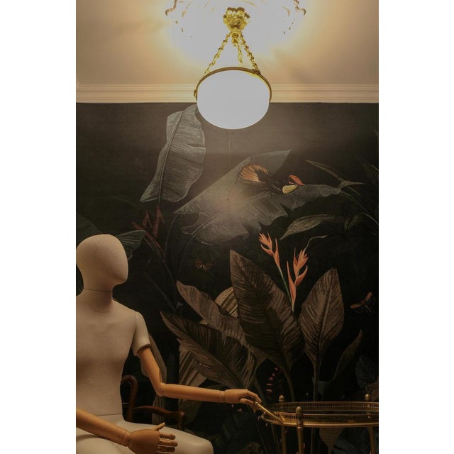 French White Glass, Brass and Bronze Pendant Chandelier, 1920s For Sale - Image 4 of 18