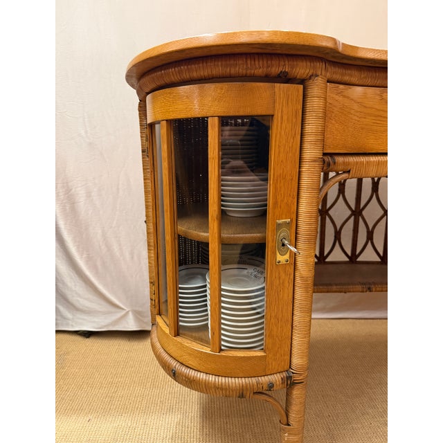 Beige Art Nouveau Ladies Writing Desk in Oak and Rattan with Vitrine Cabinets, 1910 For Sale - Image 8 of 10