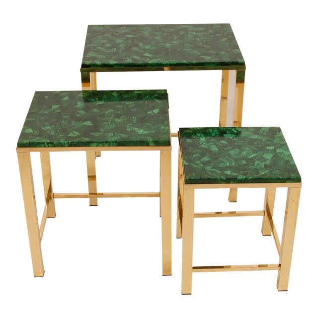 Mid Century Side Table Gold Malachite Nesting Tables Modern Gold Gilded Brass Marble Top Nest Tables French Tariff Free Delivery- Set of 3 For Sale