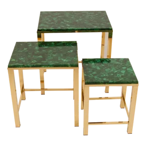 Mid Century Side Table Gold Malachite Nesting Tables Modern Gold Gilded Brass Marble Top Nest Tables French Tariff Free Delivery- Set of 3
