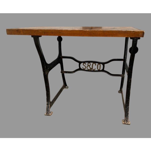 Black Vintage Antique Industrial Saltzman Chicago Cast Iron Table With Wooden Top For Sale - Image 8 of 9