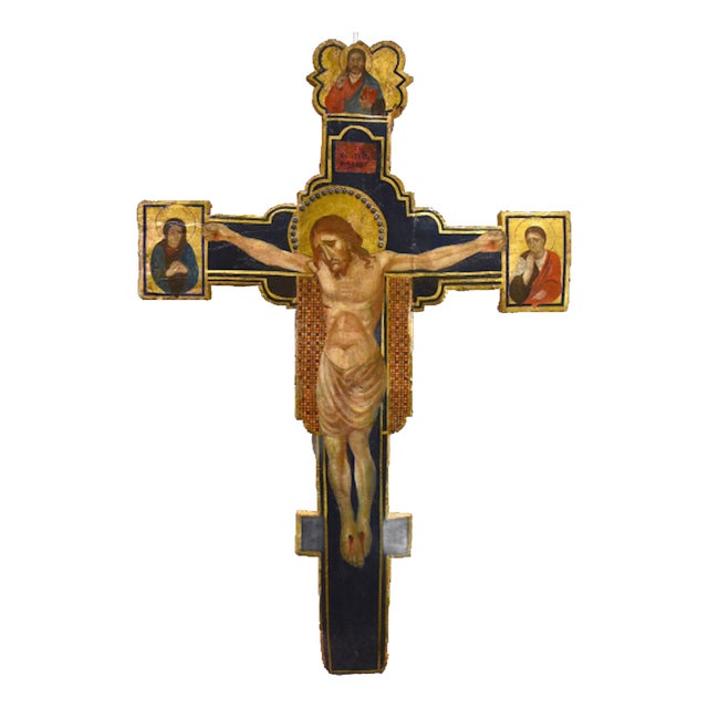 Religious Artist, 14th Century Style Crucifix, Tempera on Panel For Sale