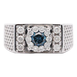 1.2 Carat Fancy Blue & White Diamond White Gold Textured Men's Ring, Size 9.5 For Sale