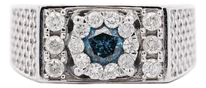 1.2 Carat Fancy Blue & White Diamond White Gold Textured Men's Ring, Size 9.5
