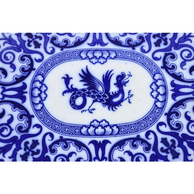 Late 19th Century Antique Flow Blue and White Transferware Ironstone Platter Dish W Chinese Dragon For Sale - Image 5 of 12