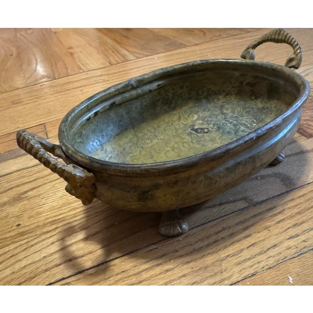 Mid Century Brass Oval Jardiniere Lion Head Ram Horn Handles Paw Feet Hammered Bowl For Sale - Image 4 of 12
