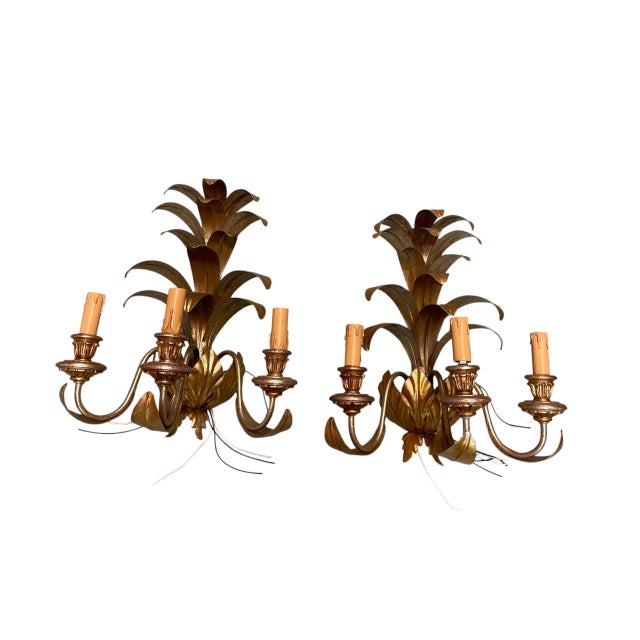 Pair of Vintage Gilt Metal Pineapple Wall Sconces For Sale - Image 4 of 12