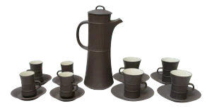 Early Jens Quistgaard for Dansk Flamestone Coffee Pot With Mugs and Demitasses