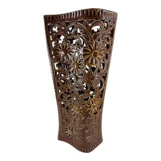 Vintage Reticulated Tall Vase With Daisies in Hexagon Form For Sale