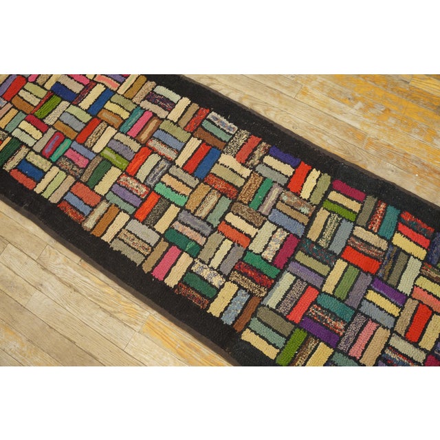 Textile 1920s Multicolor Basket Weave Antique American Hooked Rug 2' 2" X 11' 8" Cotton Wool Carpet For Sale - Image 7 of 18