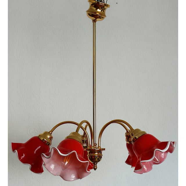Mid-Century Modern Vintage Brass and Glass 5-Light Chandelier, 1980s For Sale - Image 3 of 14
