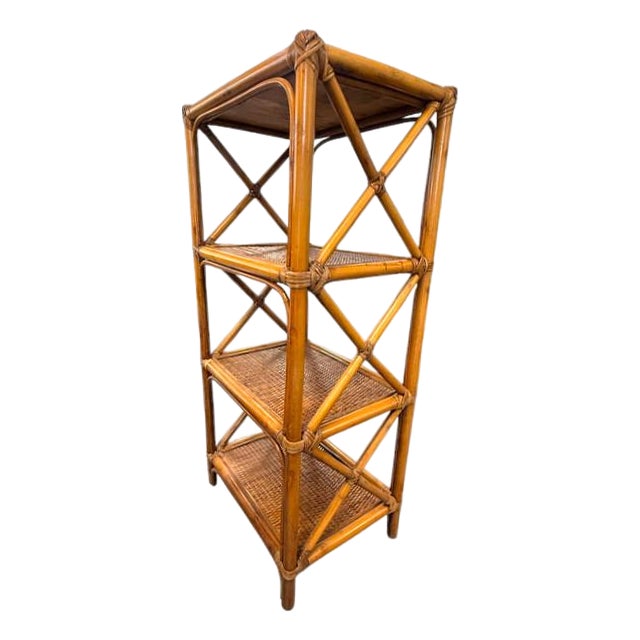 Vintage Bamboo & Rattan 3-Tier Étagère Shelf – Coastal Chinoiserie Style For Sale