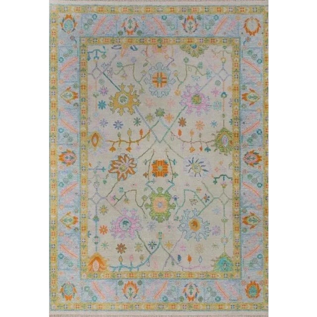 Modern Handknotted Oushak Rug in Vibrant Pink, Blue, Yellow & Green, 4' x 6' For Sale